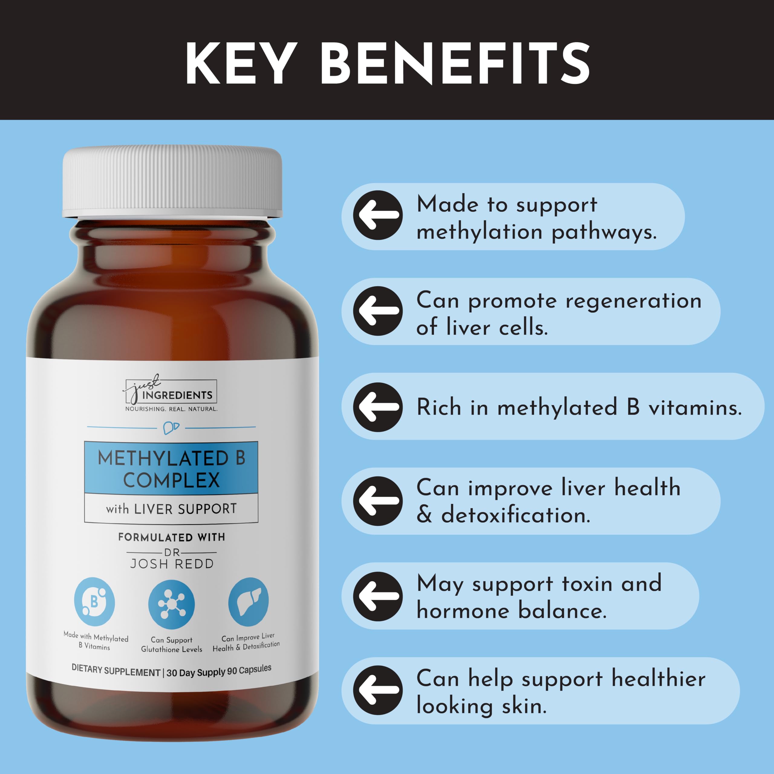 JUST INGREDIENTS Methylated B Complex hormone-balance focus for overall wellness.