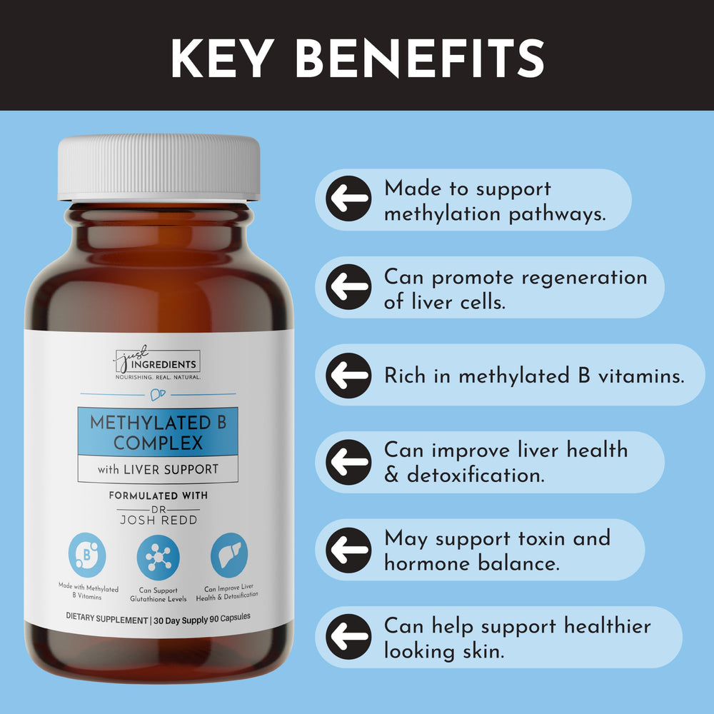 JUST INGREDIENTS Methylated B Complex hormone-balance focus for overall wellness.