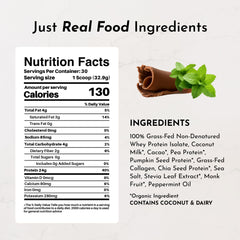 JUST INGREDIENTS Mint Chocolate Protein Powder bag back showing ingredients and details.