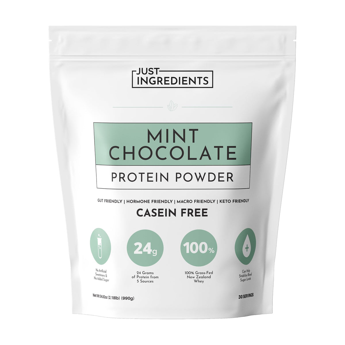 JUST INGREDIENTS Mint Chocolate Protein Powder bag front designed for everyday shakes.