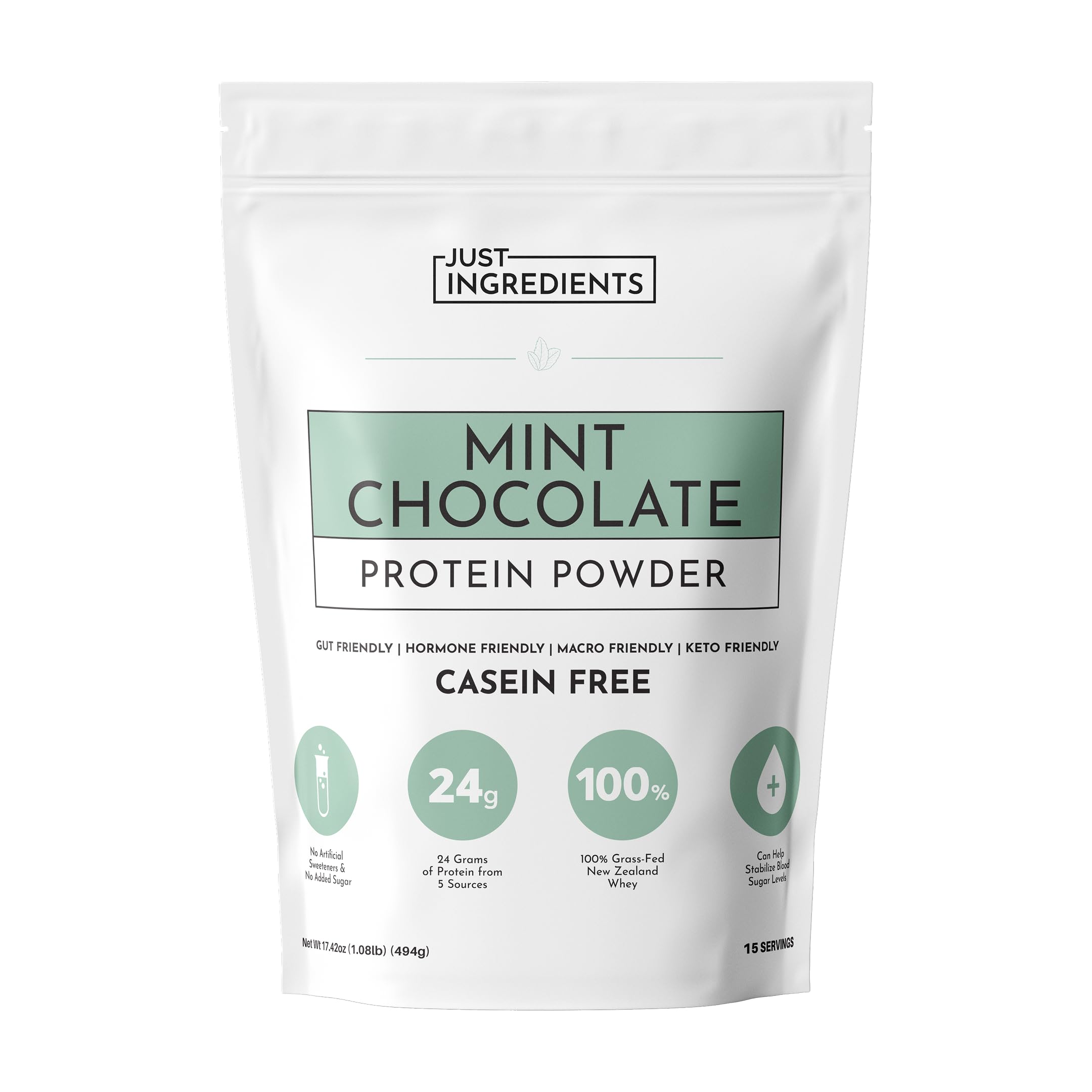 Just Ingredients Mint Chocolate Protein Powder bottle on counter for a refreshing protein boost