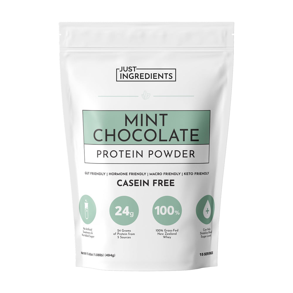 Just Ingredients Mint Chocolate Protein Powder bottle on counter for a refreshing protein boost