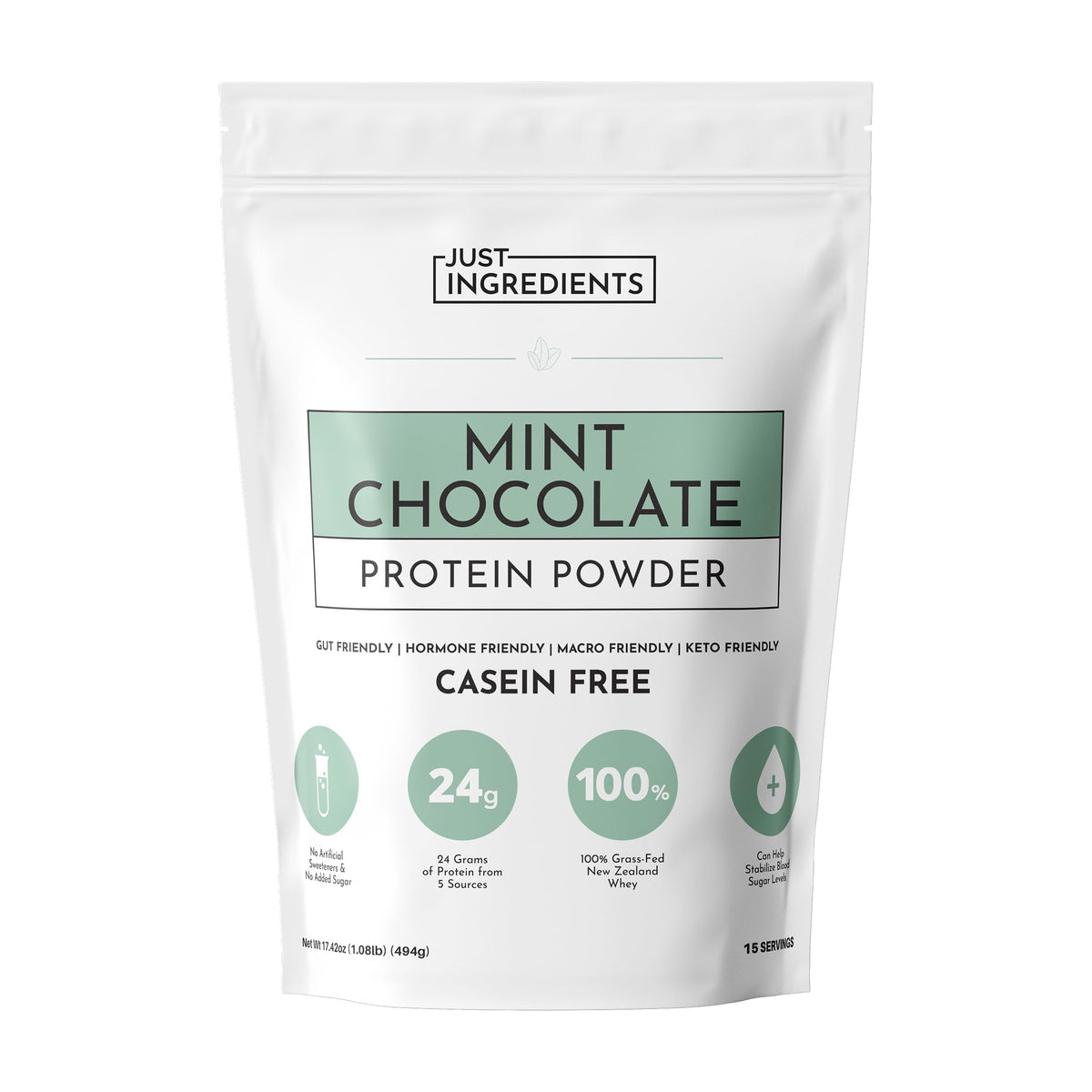 Just Ingredients Mint Chocolate Protein Powder bottle on counter for a refreshing protein boost
