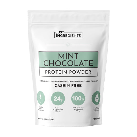 Just Ingredients Mint Chocolate Protein Powder bottle on counter for a refreshing protein boost
