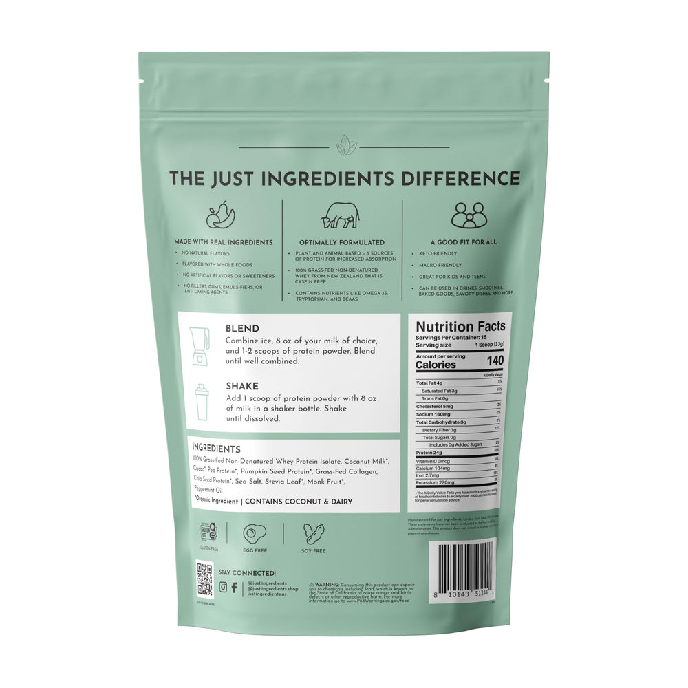 Just Ingredients Mint Chocolate label close-up highlighting flavor and no added sugar