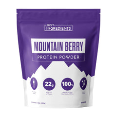 JUST INGREDIENTS Mountain Berry Protein Powder can shows the label for daily recovery potential