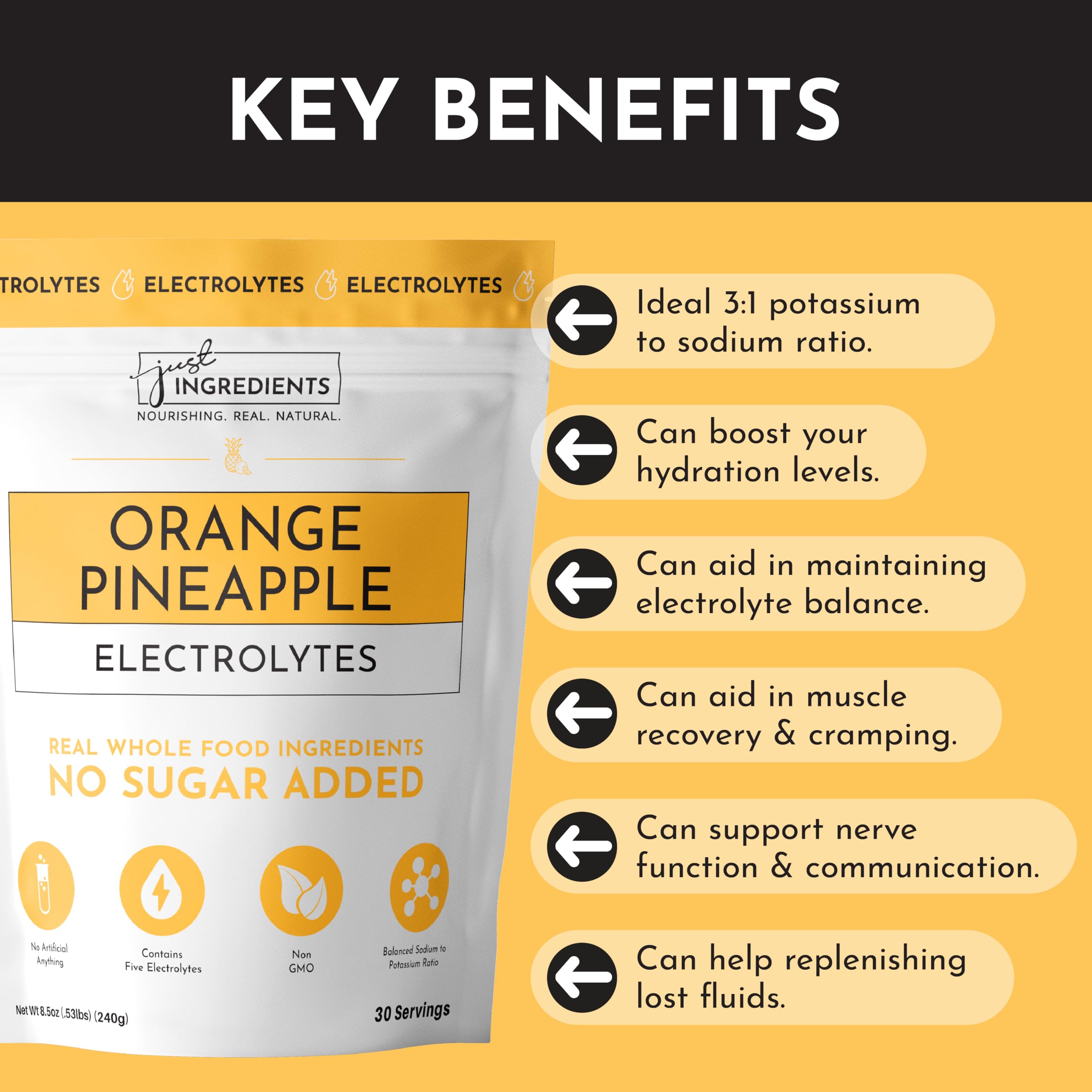JUST INGREDIENTS Orange Pineapple Electrolytes glass served with ice for refreshing daily hydration.