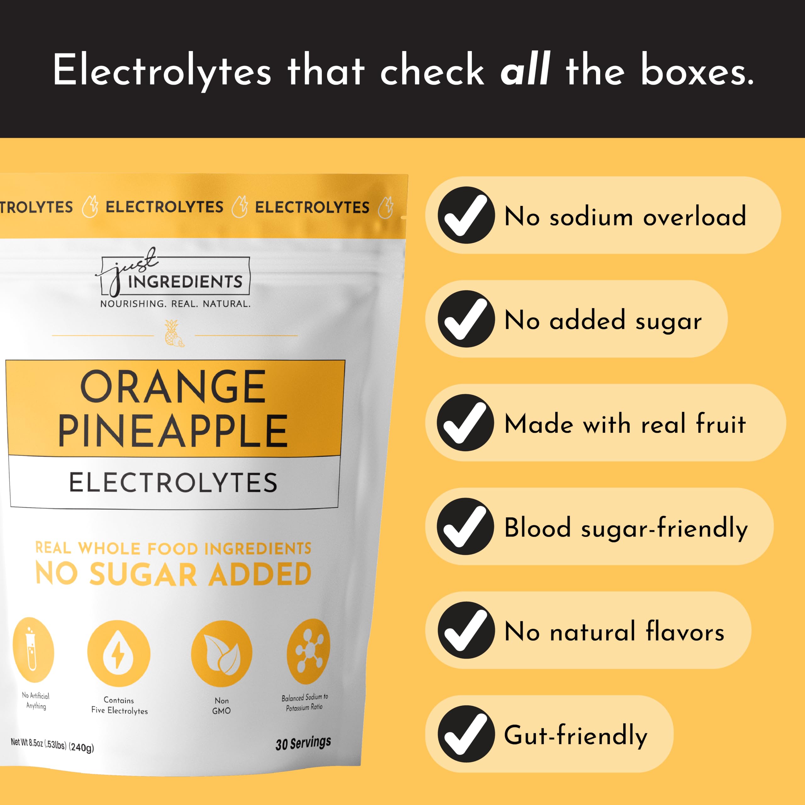 JUST INGREDIENTS Orange Pineapple Electrolytes powder scoop near glass emphasizes natural fruit flavor.