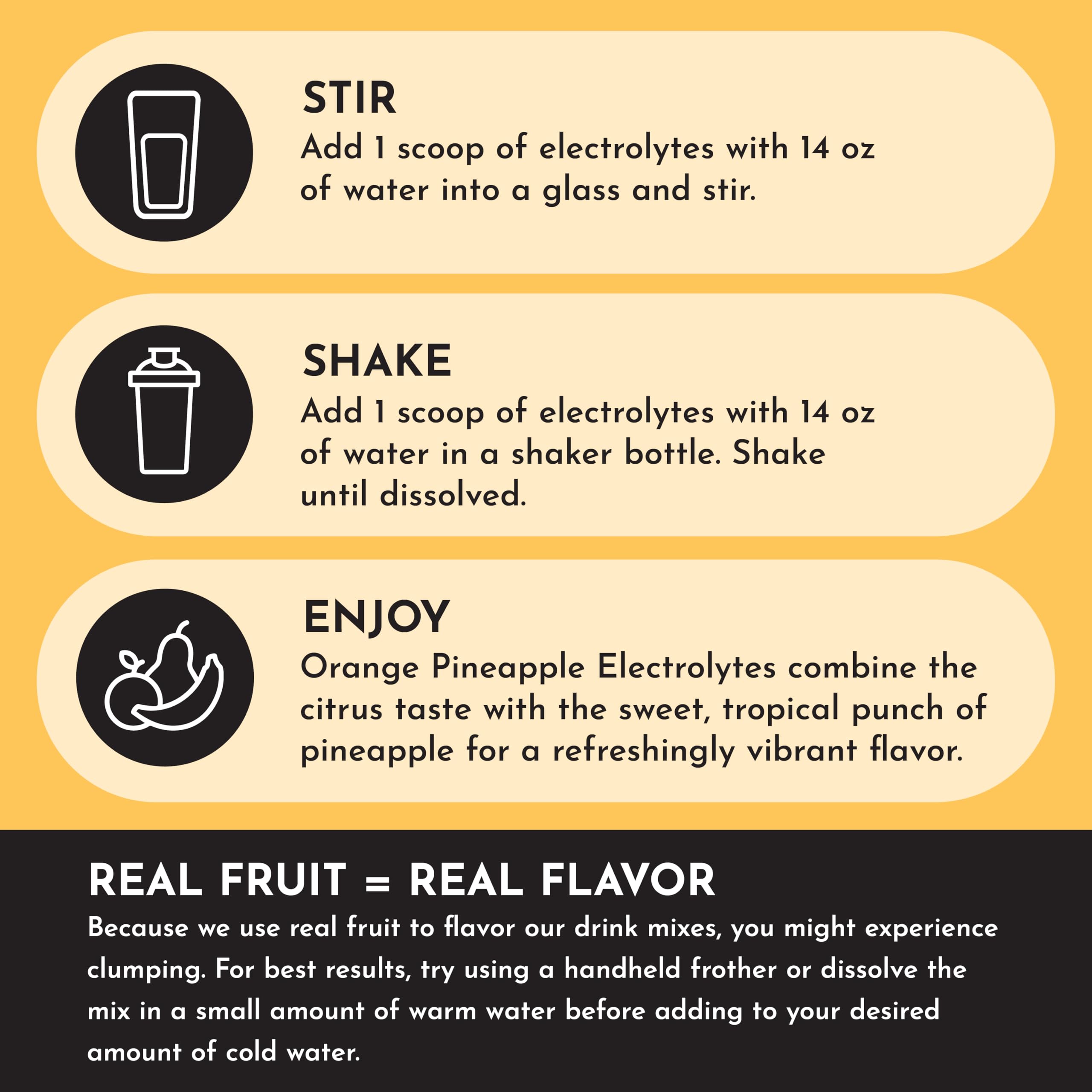 JUST INGREDIENTS Orange Pineapple Electrolytes tub with label icons for sugar-free and no artificial additives.