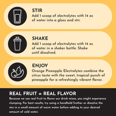 JUST INGREDIENTS Orange Pineapple Electrolytes tub with label icons for sugar-free and no artificial additives.