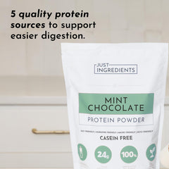 JUST INGREDIENTS Peppermint leaves beside protein powder for fresh flavor cue.