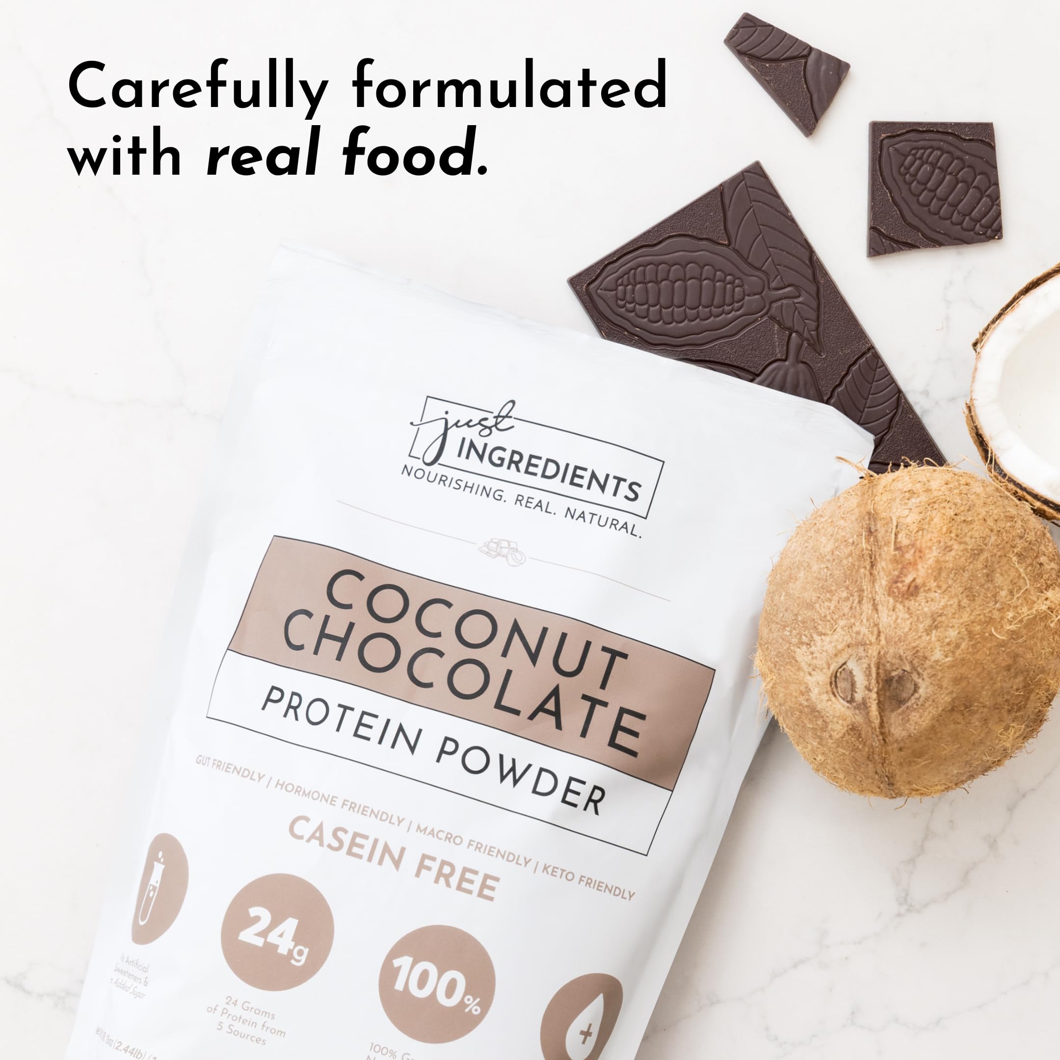 JUST INGREDIENTS Plant proteins and collagen peptides close-up.