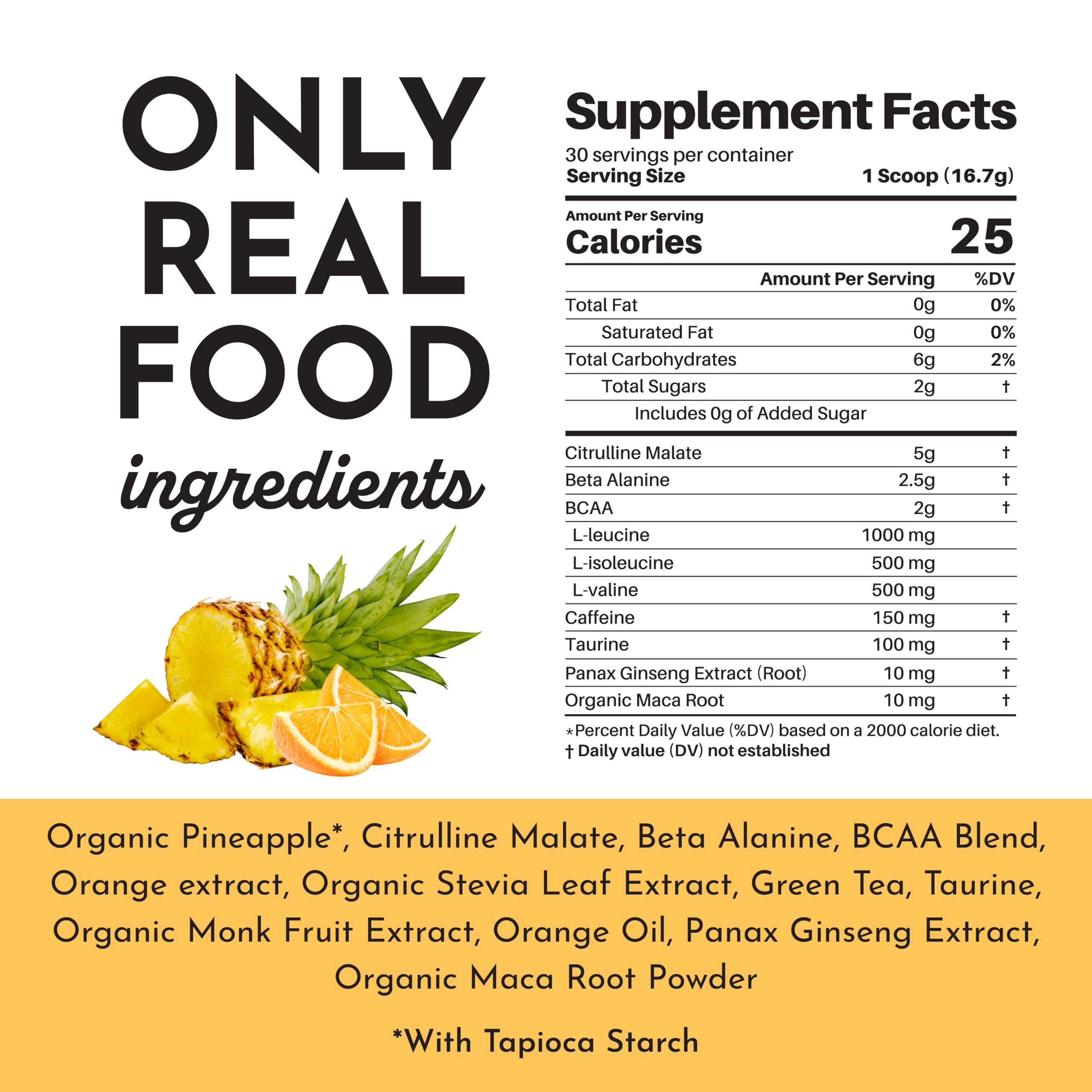 Just Ingredients Pre-Workout label highlighting the BCAA blend and performance ingredients.