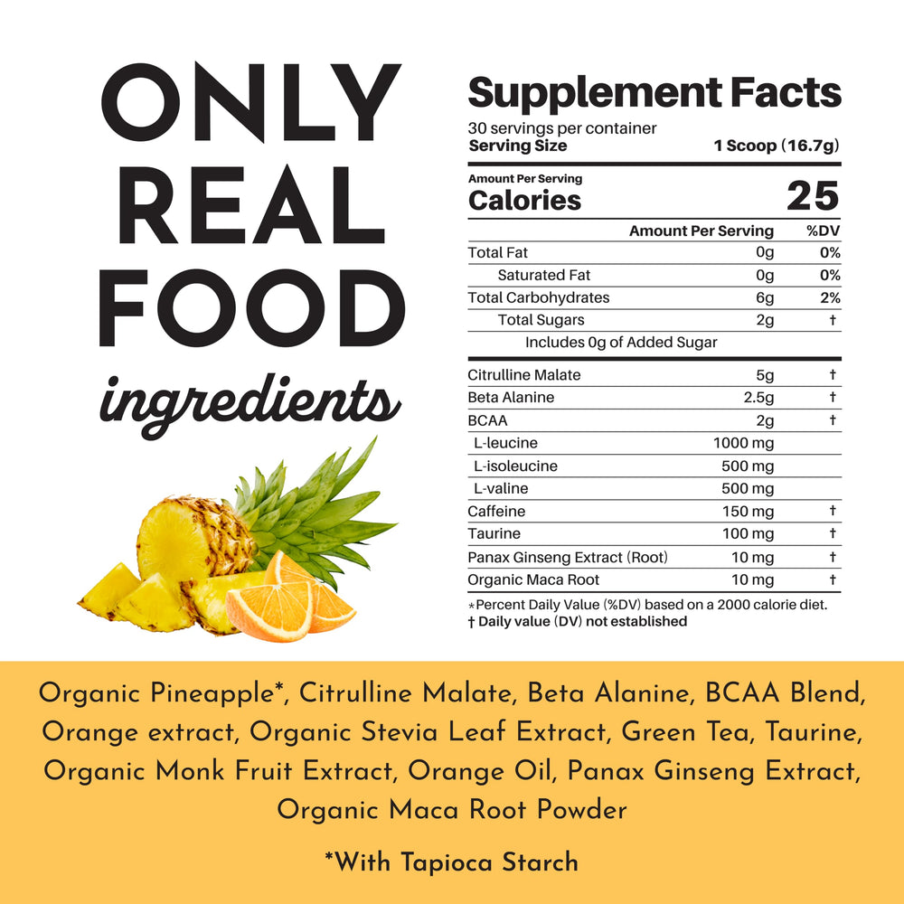 Just Ingredients Pre-Workout label highlighting the BCAA blend and performance ingredients.