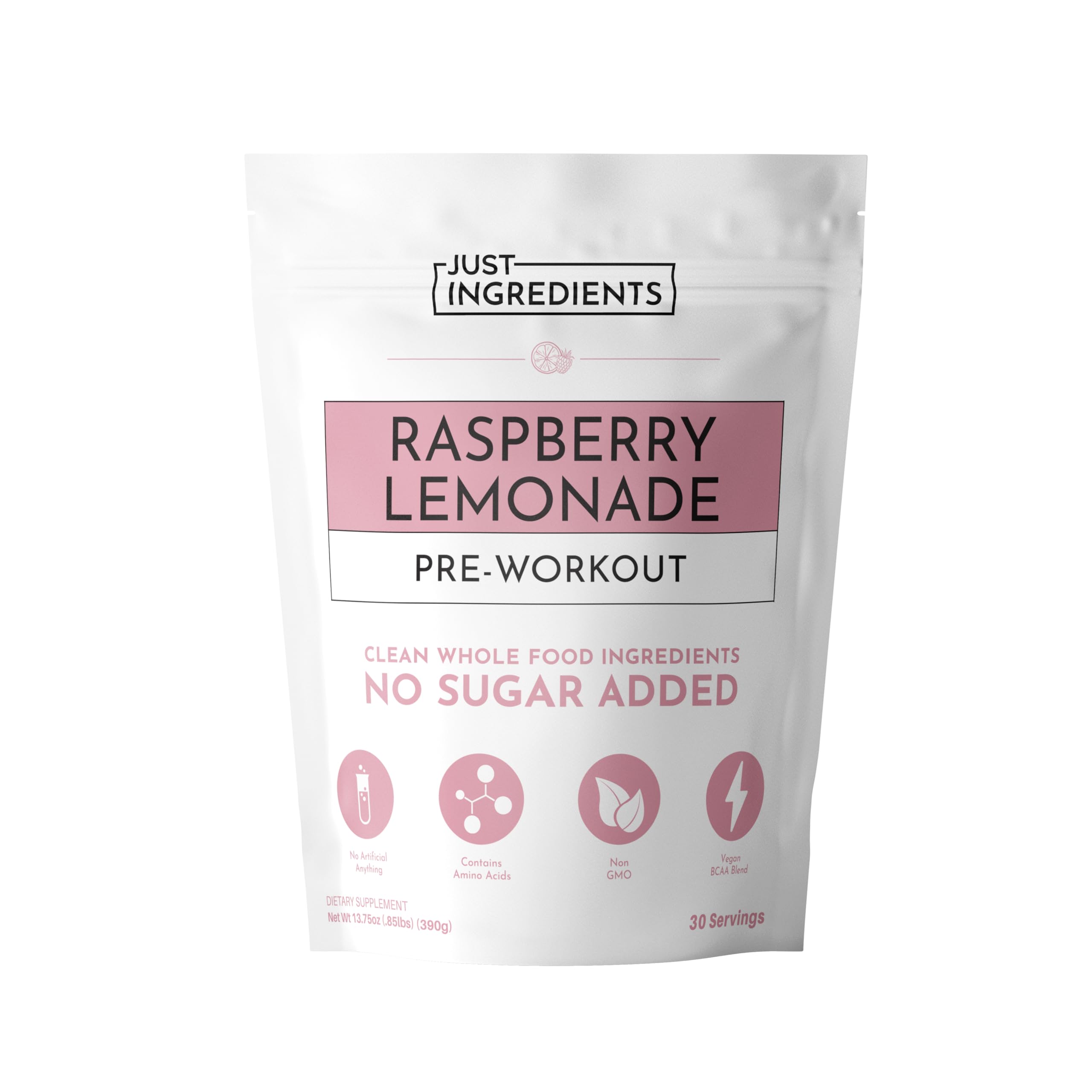 Just Ingredients Pre-Workout Raspberry Lemonade bottle highlights clean energy for workouts.