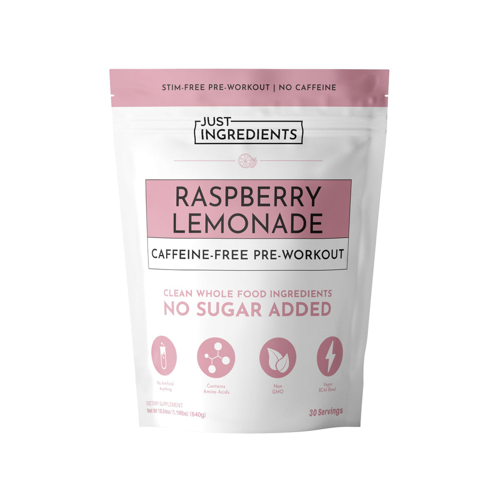 JUST INGREDIENTS pre-workout raspberry lemonade bottle offers caffeine-free energy for late-day training