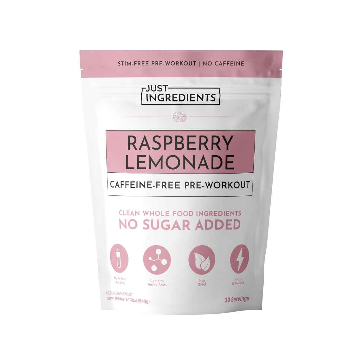 JUST INGREDIENTS pre-workout raspberry lemonade bottle offers caffeine-free energy for late-day training