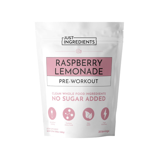 Just Ingredients Pre-Workout Raspberry Lemonade bottle highlights clean energy for workouts.
