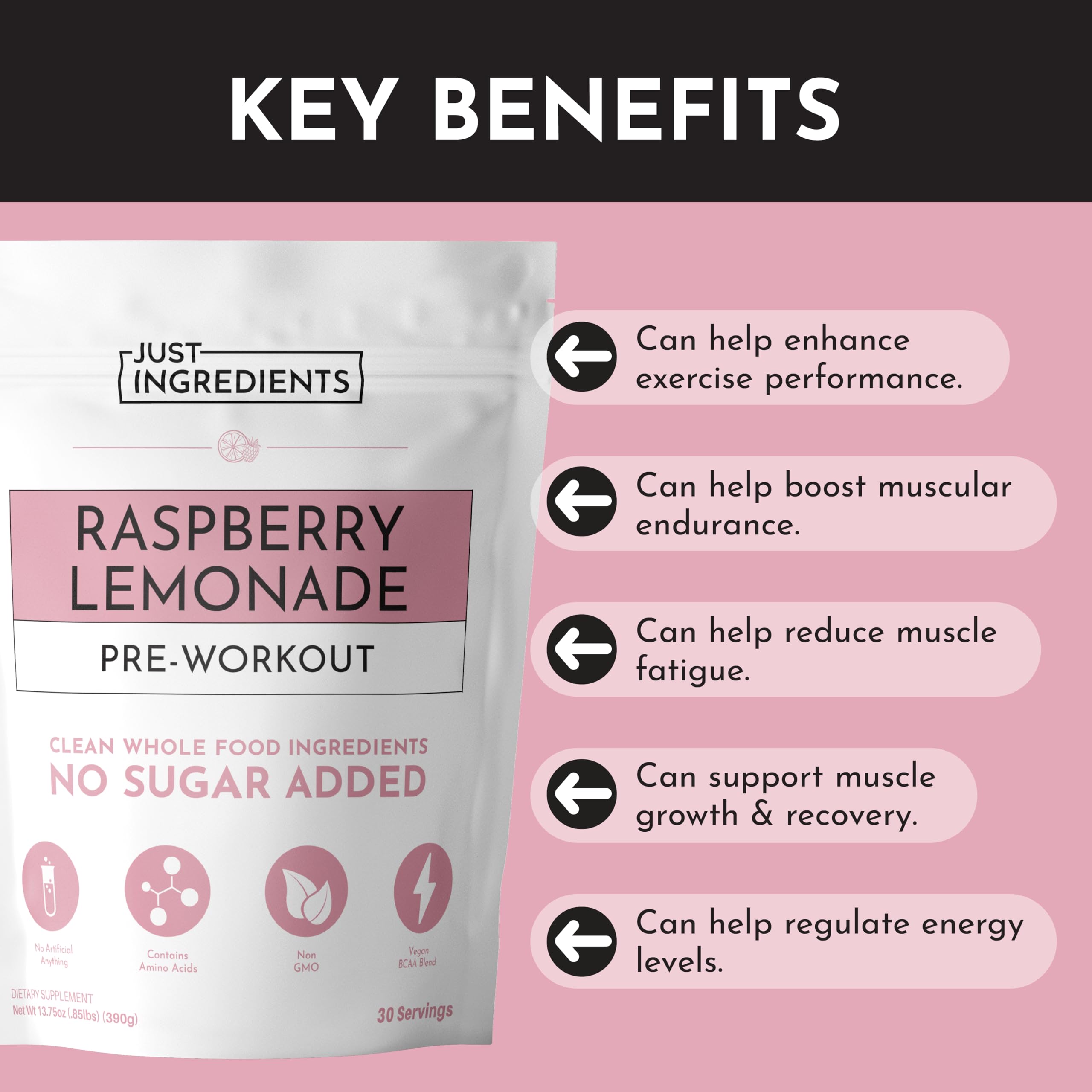 Just Ingredients Pre-Workout Raspberry Lemonade glass shows refreshing flavor and sustained focus.