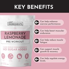 Just Ingredients Pre-Workout Raspberry Lemonade glass shows refreshing flavor and sustained focus.