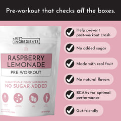 Just Ingredients Pre-Workout Raspberry Lemonade label emphasizes gluten-free, no artificial additives.