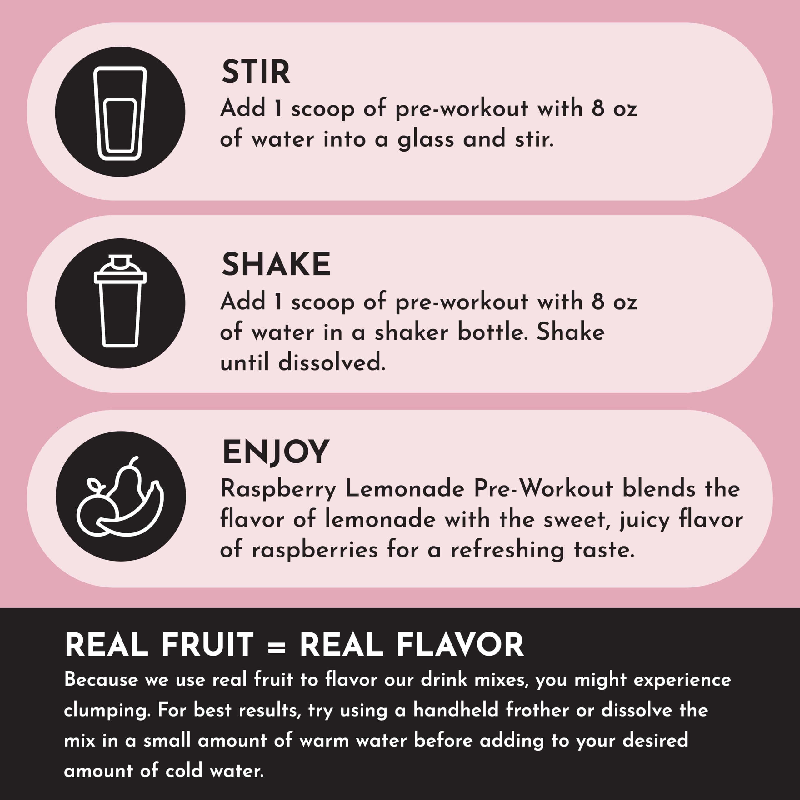 Just Ingredients Pre-Workout Raspberry Lemonade mixer suggests convenient on-the-go energy.