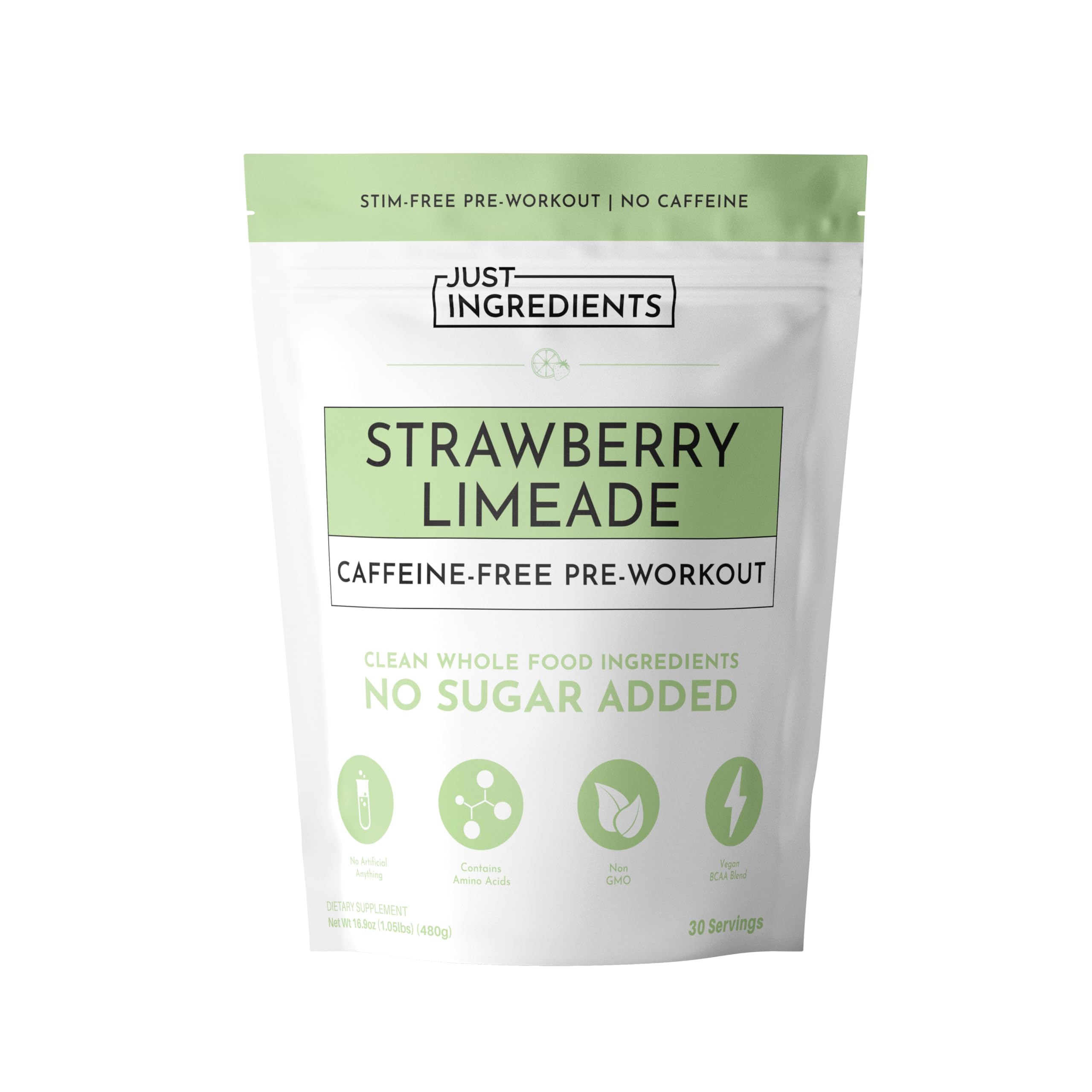 JUST INGREDIENTS pre-workout strawberry limeade bottle offers caffeine-free energy for workouts.