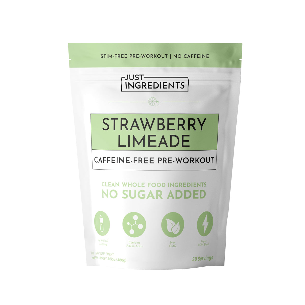 JUST INGREDIENTS pre-workout strawberry limeade bottle offers caffeine-free energy for workouts.