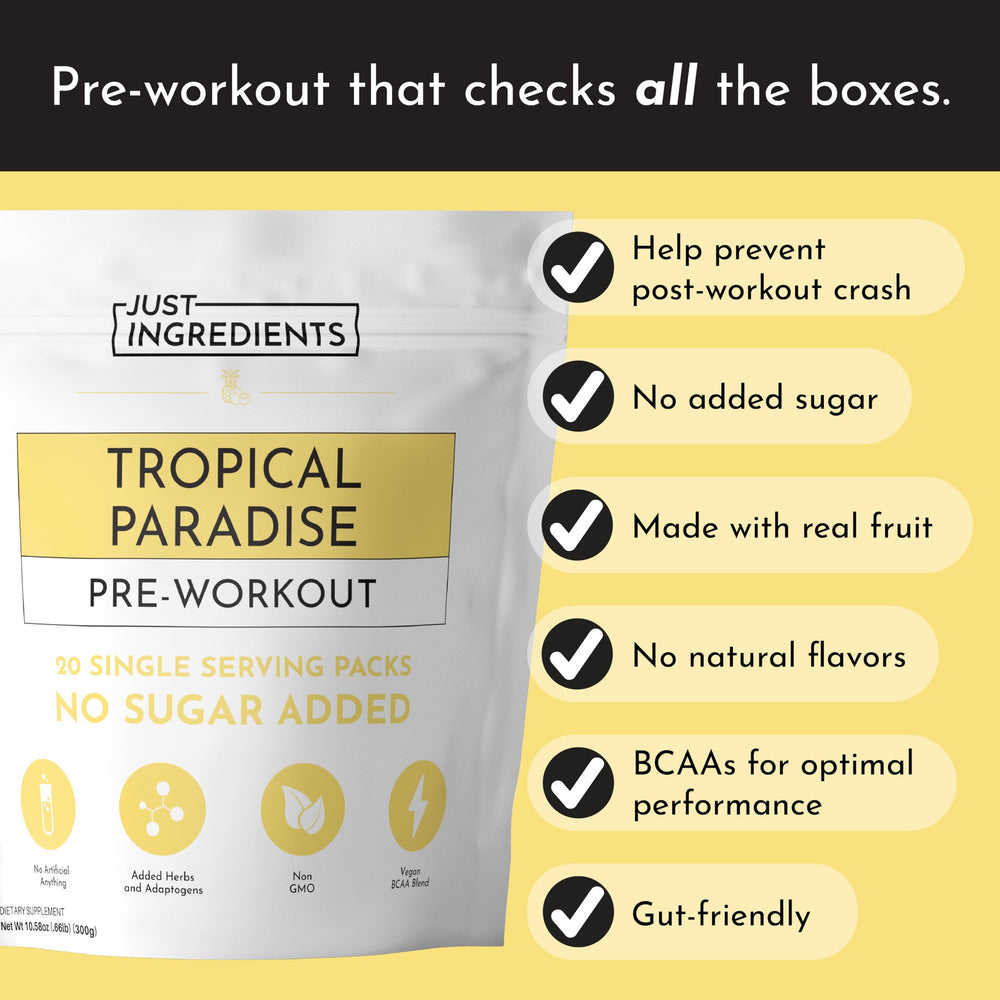 Just Ingredients Pre-Workout Tropical Paradise ingredients close-up emphasizes real-food components.