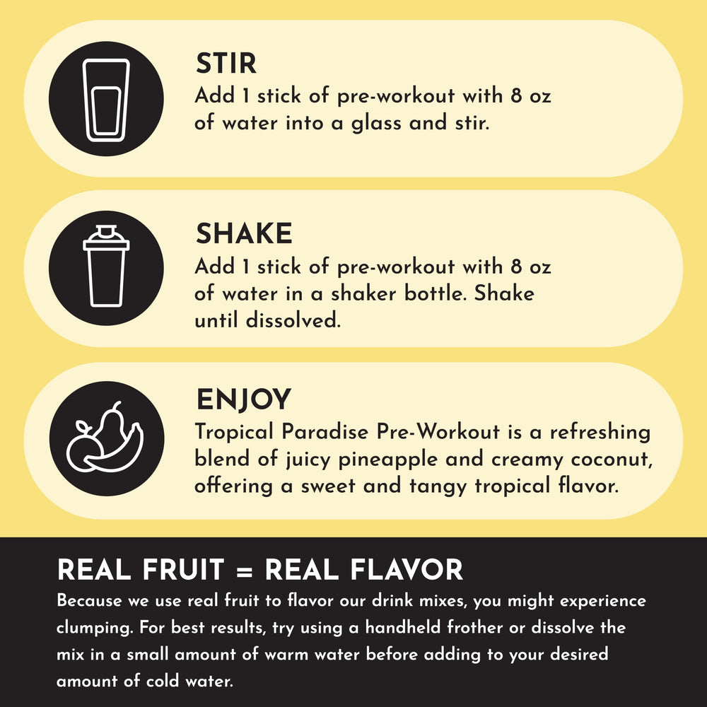 Just Ingredients Pre-Workout Tropical Paradise packaging shows ginseng and maca root for balanced energy.
