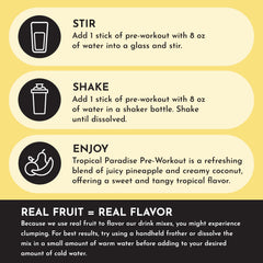 Just Ingredients Pre-Workout Tropical Paradise packaging shows ginseng and maca root for balanced energy.