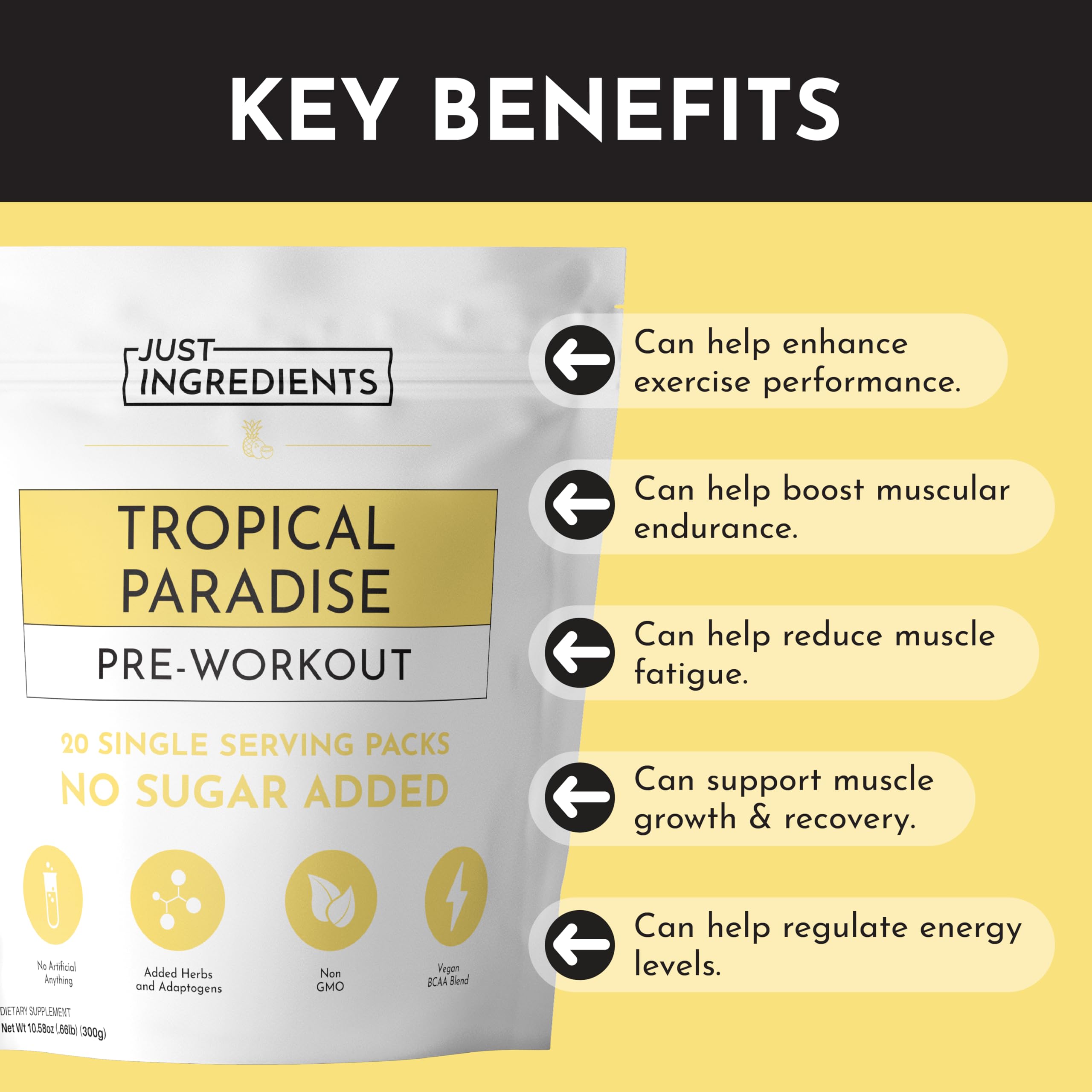 Just Ingredients Pre-Workout Tropical Paradise powder poured into water creates a refreshing tropical aroma.