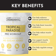 Just Ingredients Pre-Workout Tropical Paradise powder poured into water creates a refreshing tropical aroma.