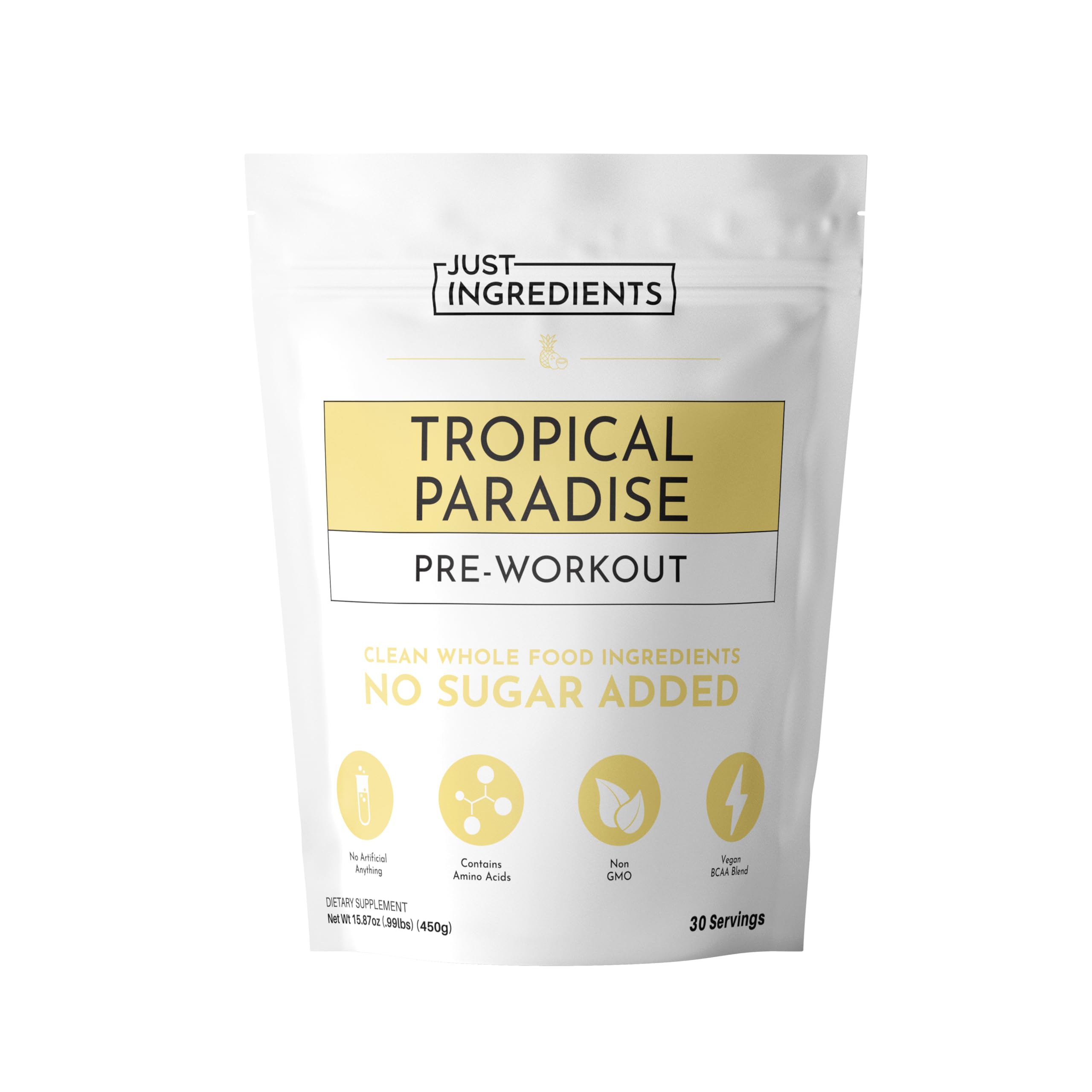 Just Ingredients Pre-Workout Tropical Paradise tub front highlights gluten-free energy formula.