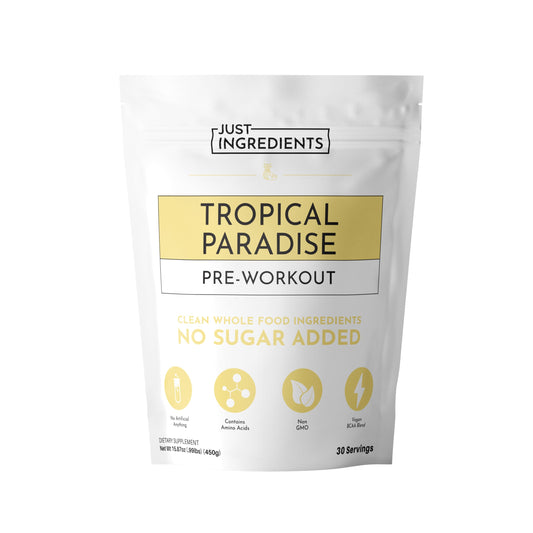 Just Ingredients Pre-Workout Tropical Paradise tub front highlights gluten-free energy formula.