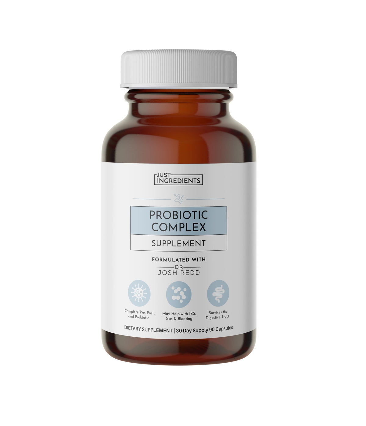 Just Ingredients Probiotic Complex bottle label highlighting 5 Billion CFU for gut health.