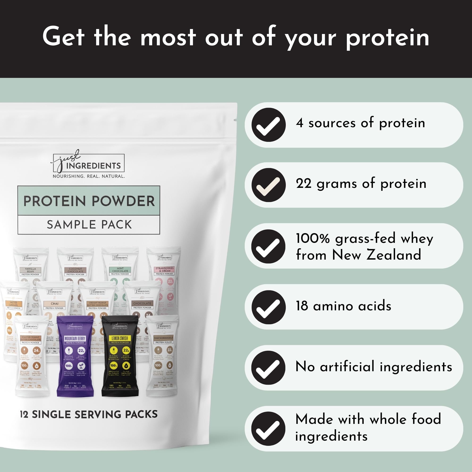 JUST INGREDIENTS 4-sources protein blend container shows whey, pea, collagen, and chia.
