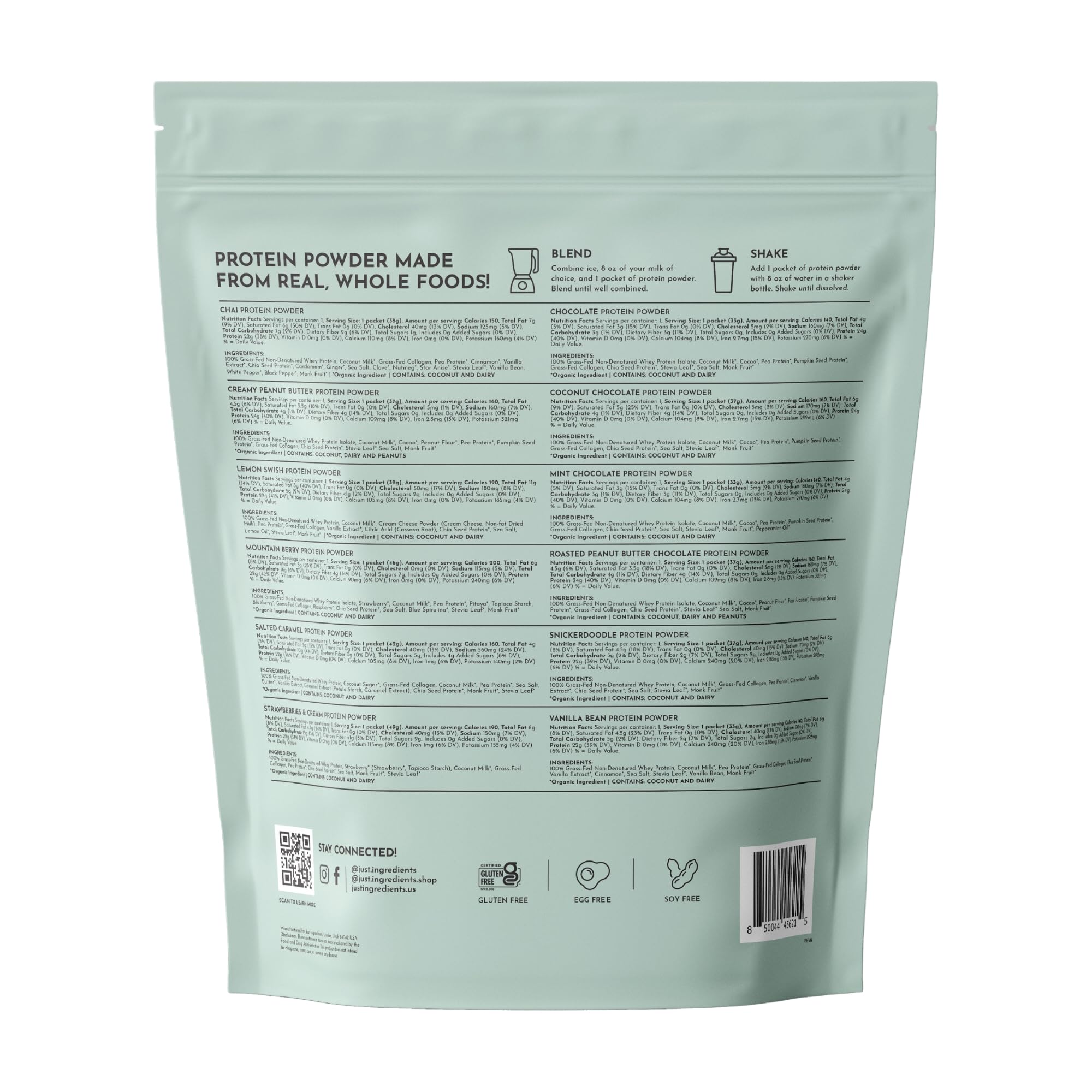 JUST INGREDIENTS chia protein scoop for a balanced protein blend.