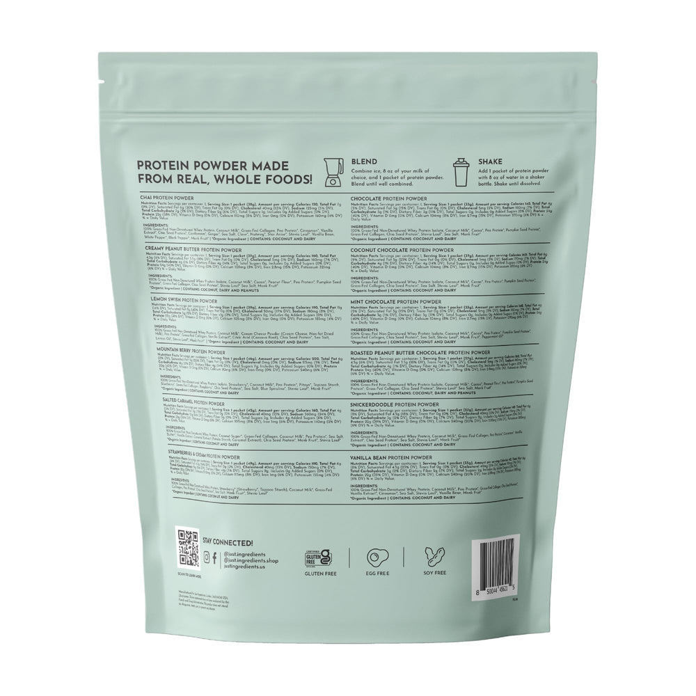 JUST INGREDIENTS chia protein scoop for a balanced protein blend.