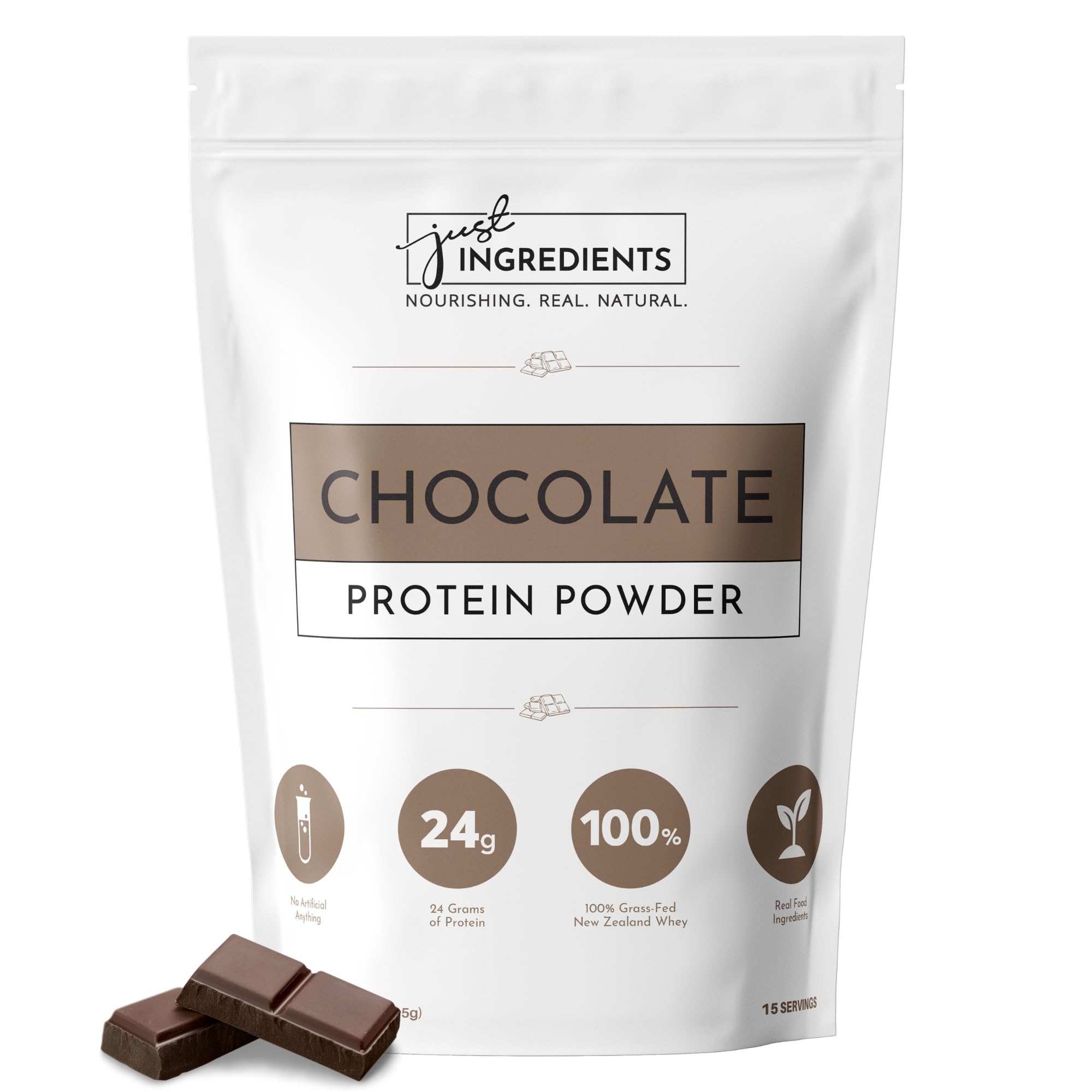 JUST INGREDIENTS chocolate protein powder tub for a rich, low-sugar shake.