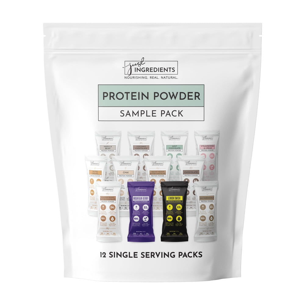 JUST INGREDIENTS protein powder bottle with grass-fed whey for a clean high-protein shake.