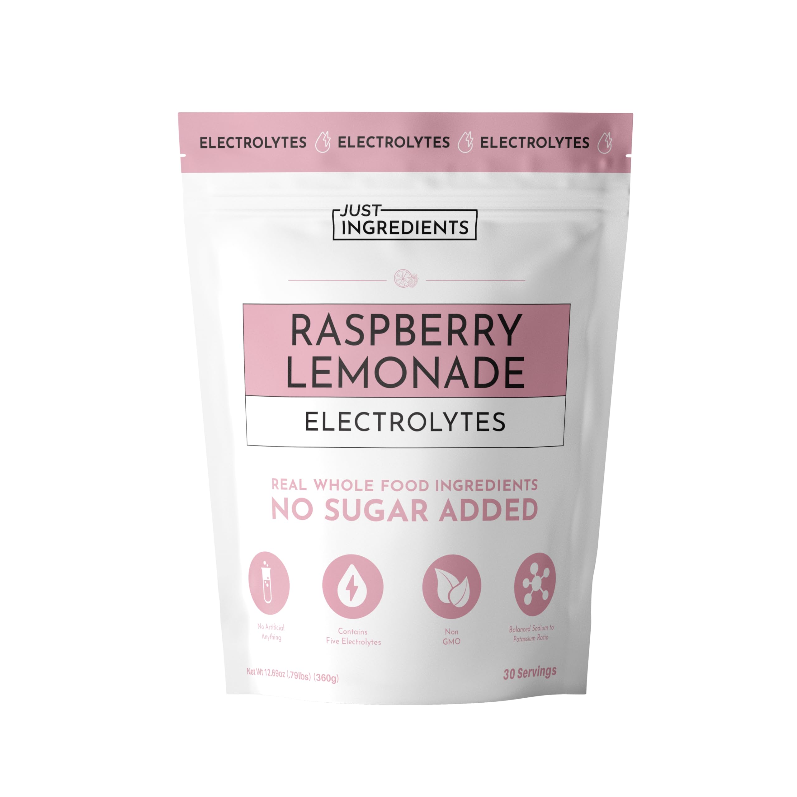 JUST INGREDIENTS Raspberry Lemonade Electrolytes bottle for gym hydration.