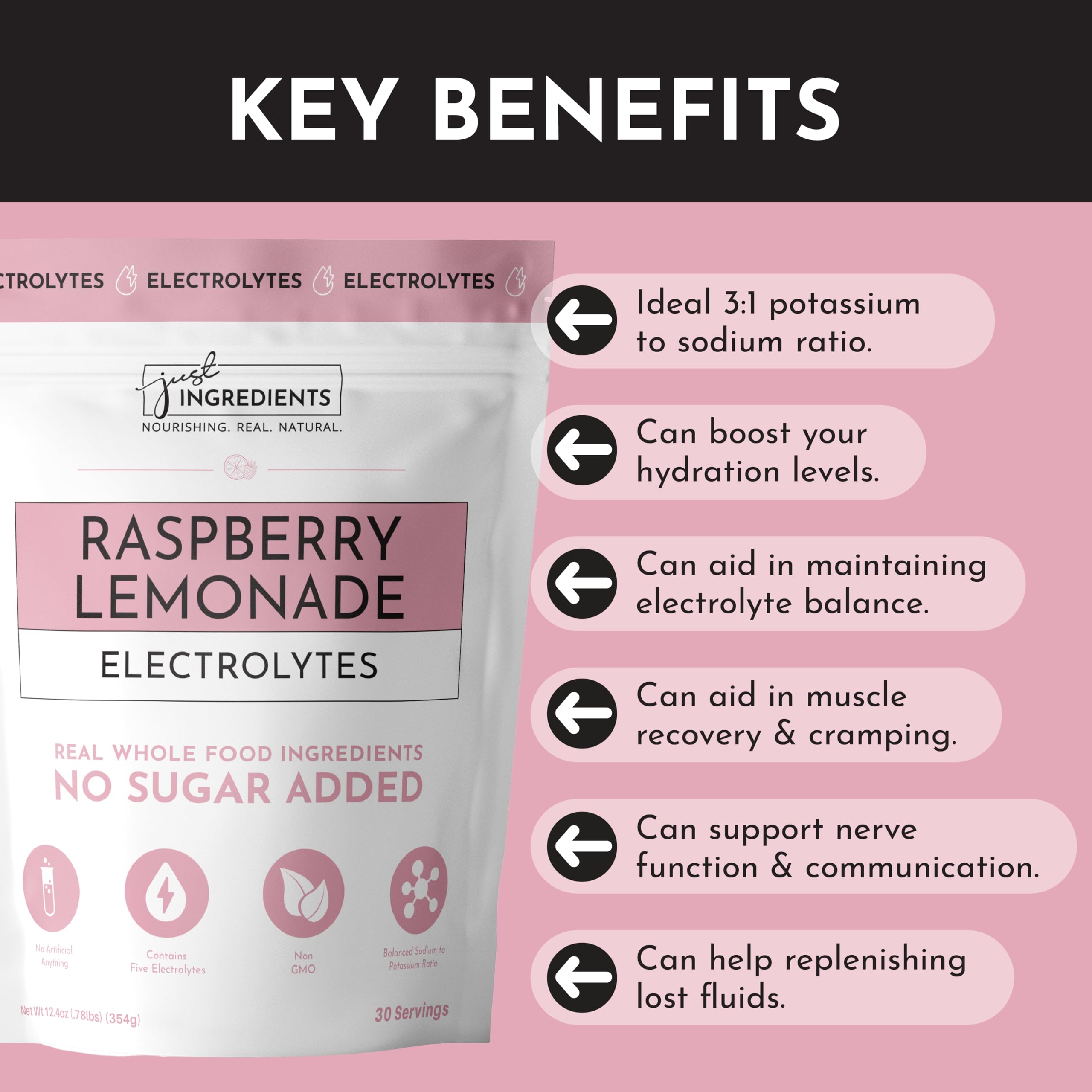 Just Ingredients Raspberry Lemonade Electrolytes pouch shown for portable hydration on the go.