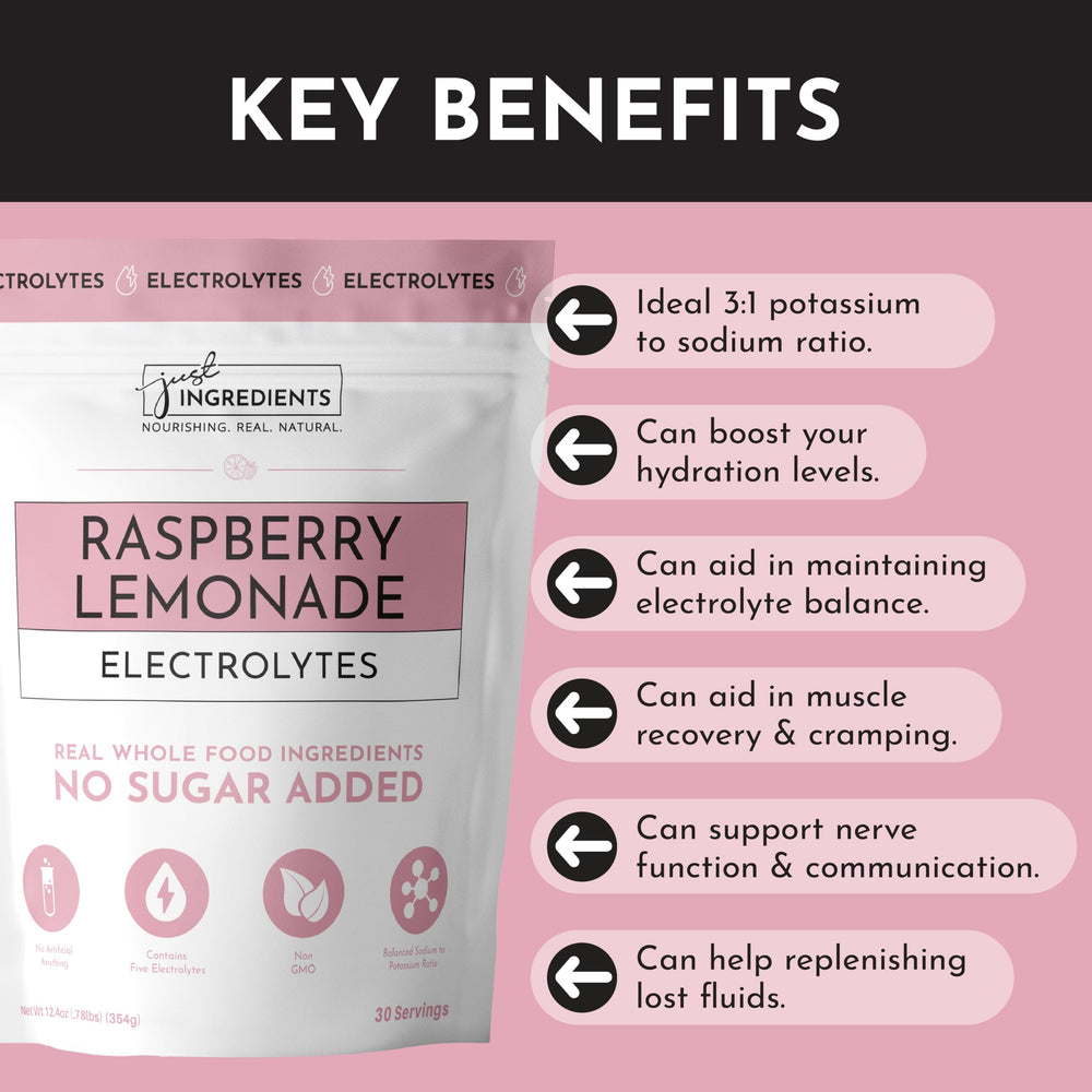 Just Ingredients Raspberry Lemonade Electrolytes pouch shown for portable hydration on the go.