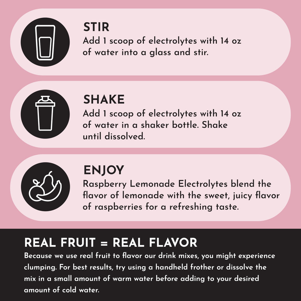 Just Ingredients Raspberry Lemonade Electrolytes being poured into a glass for hydration.