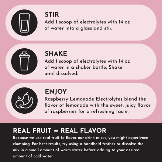 Just Ingredients Raspberry Lemonade Electrolytes being poured into a glass for hydration.