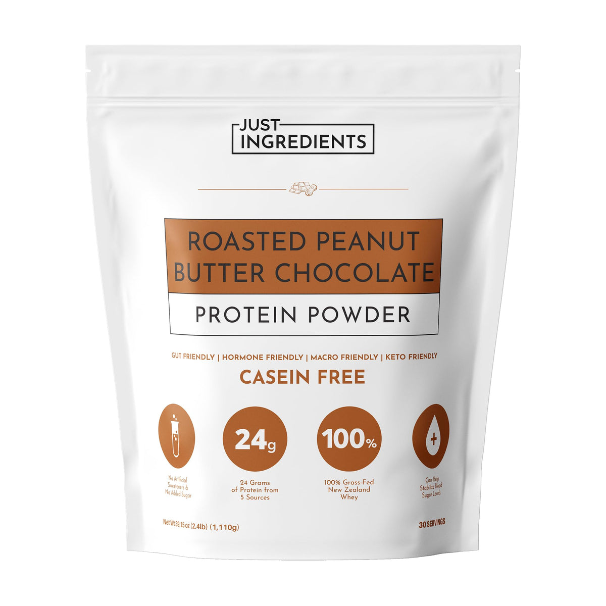 Just Ingredients roasted peanut butter chocolate protein powder bottle with rich cocoa aroma.