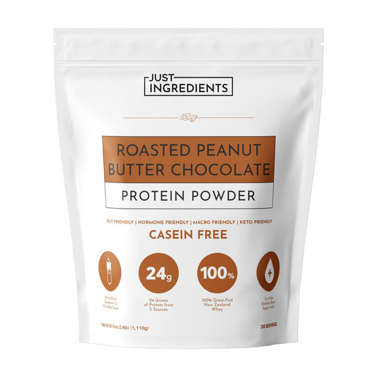 Just Ingredients roasted peanut butter chocolate protein powder bottle with rich cocoa aroma.