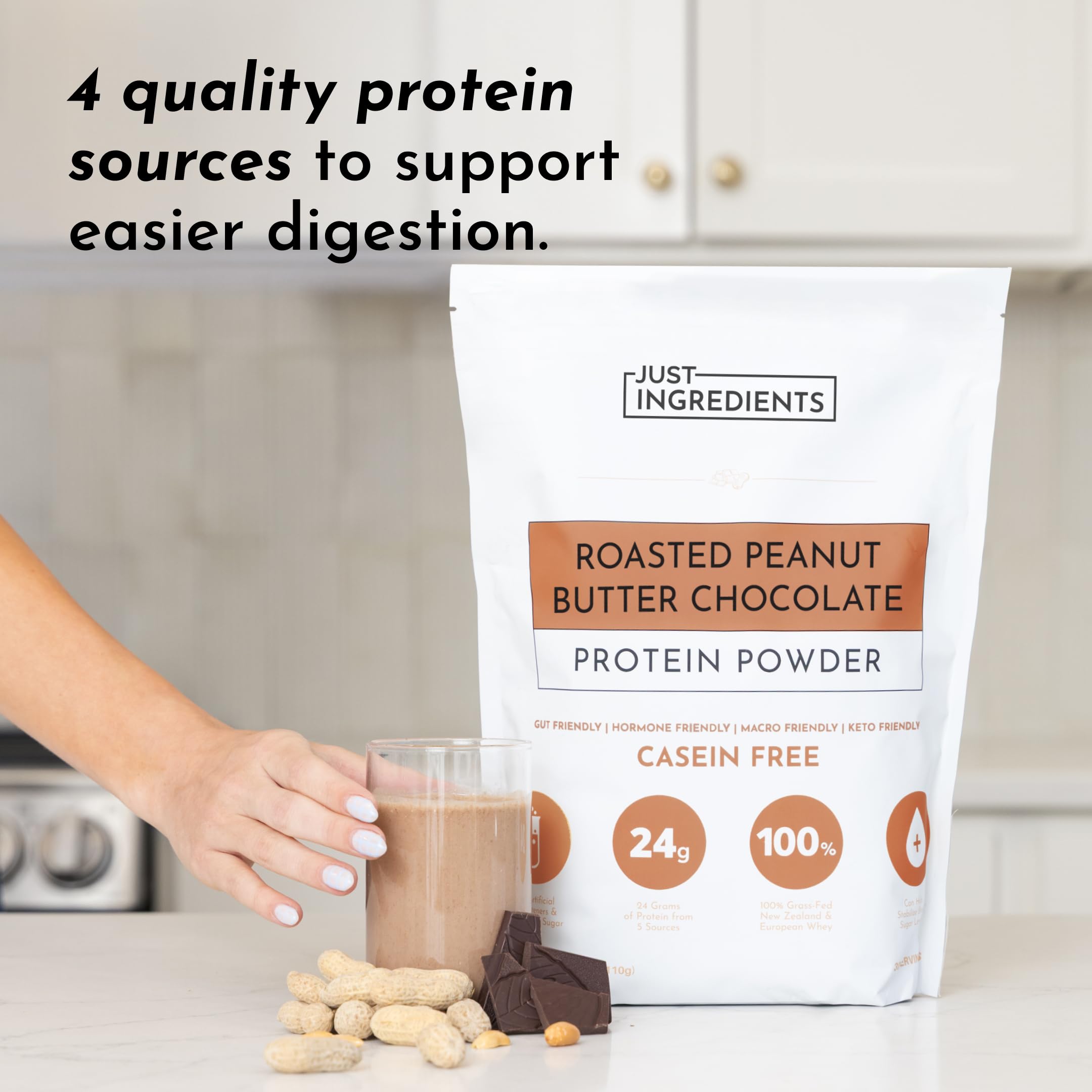 Just Ingredients product card demonstrates macros with 22 g protein per serving.