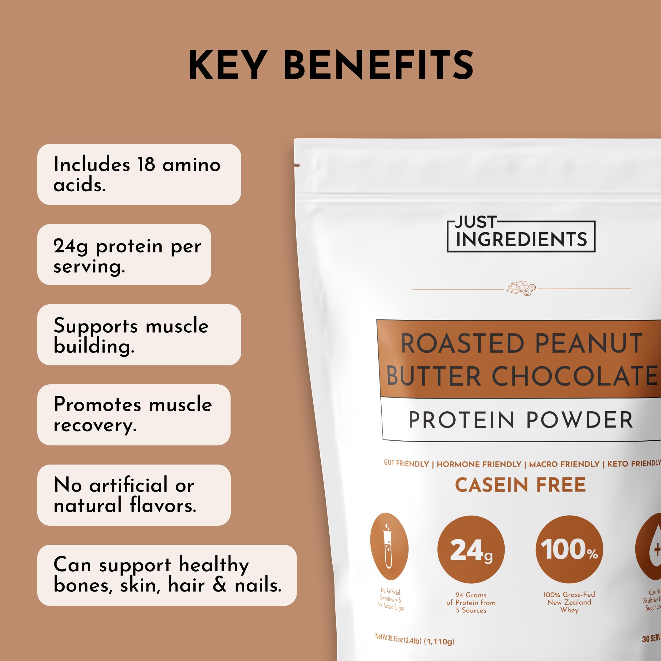 Just Ingredients shake prepared with this powder offers creamy cocoa and peanut flavor.